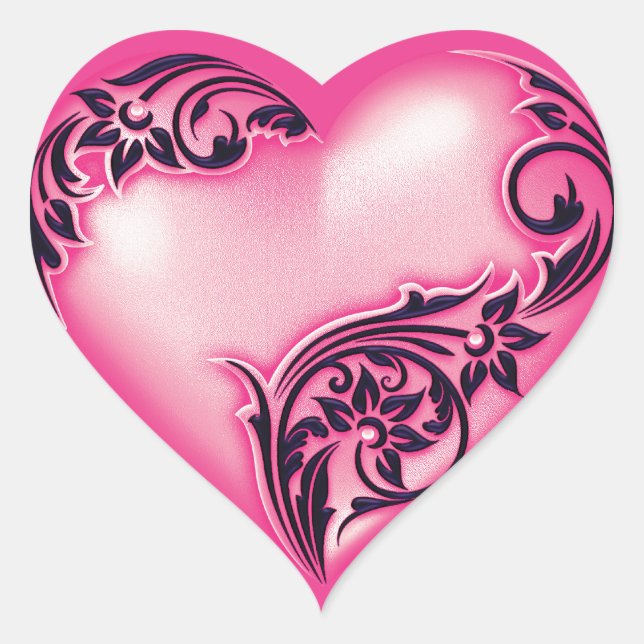 Heart Scroll Light Hot Pink w Black Heart Sticker (Front)