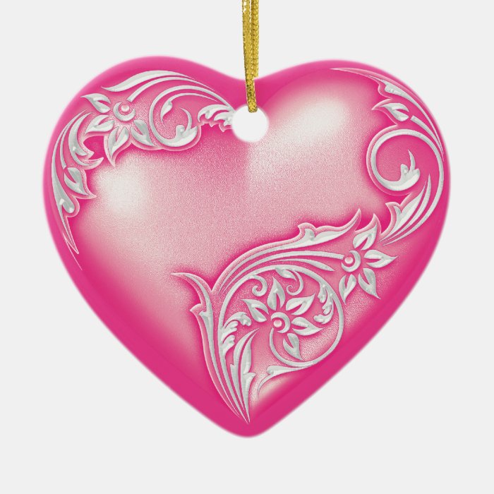Heart Scroll Light Hot Pink w White Christmas Ornament
