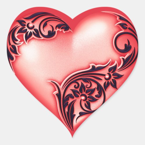 Heart Scroll Light Red w Black Heart Sticker