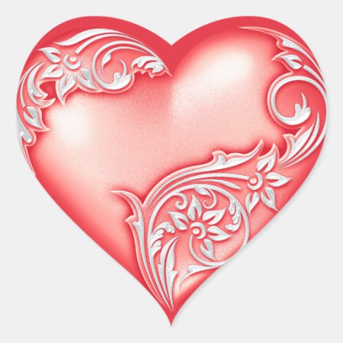 Heart Scroll Light Red w White Heart Sticker