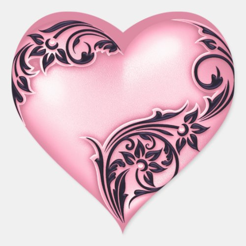 Heart Scroll Pink w Black Heart Sticker