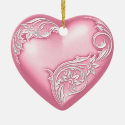 Heart Scroll Pink w White Ceramic Ornament