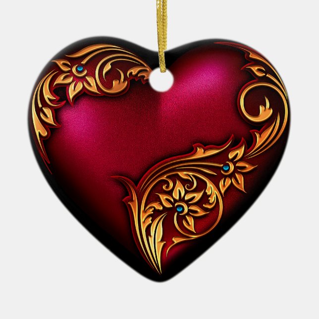 Heart Scroll Red Gold Ceramic Ornament (Front)