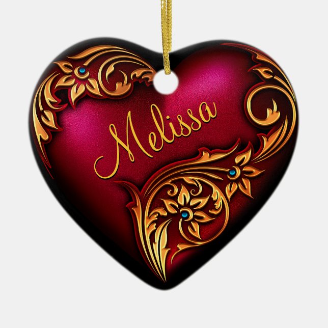 Heart Scroll Red Gold Personalized Ornament (Front)