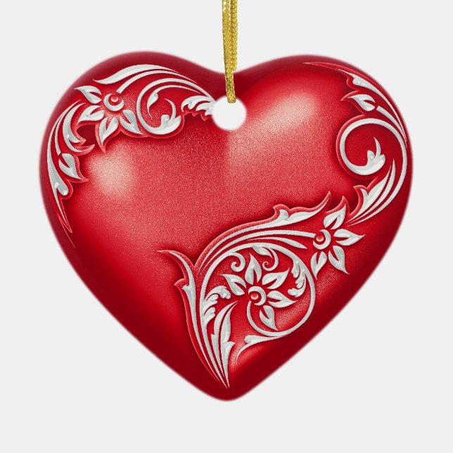 Heart Scroll Red w White Ceramic Ornament (Front)