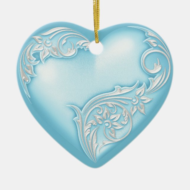 Heart Scroll Sky Blue w White Ceramic Ornament (Front)