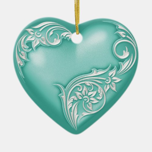 Heart Scroll Turquoise w White Ceramic Ornament