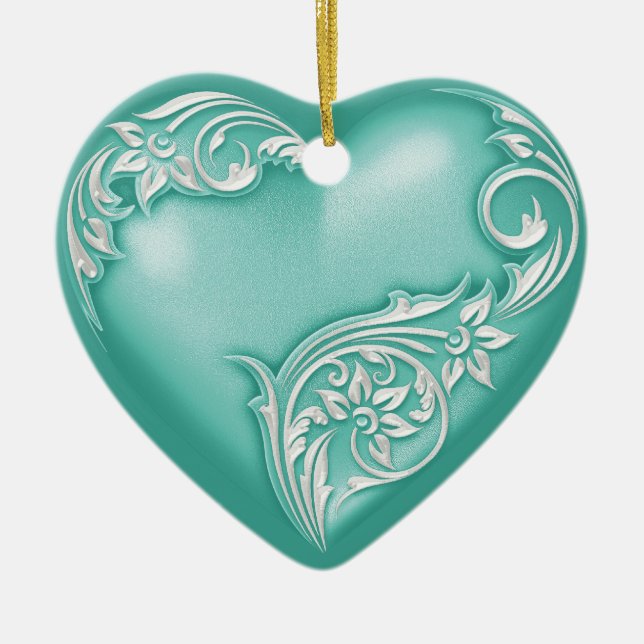 Heart Scroll Turquoise w White Ceramic Ornament (Front)