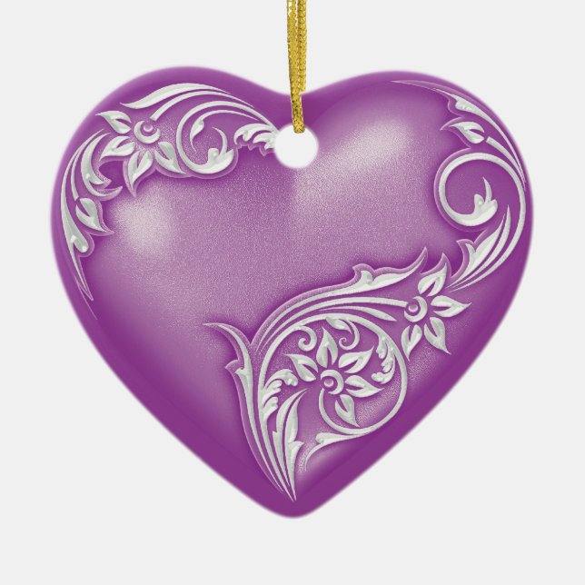 Heart Scroll Violet w White Ceramic Ornament (Front)