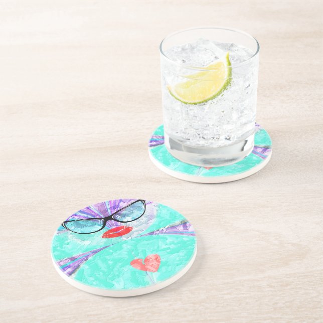 Heart Selfie Whimsical Portrait Teal Background Co Drink Coaster (Side)