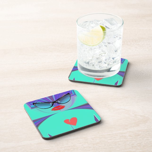 Heart Selfie Whimsical Portrait Teal Background Co Drink Coaster (Right Side)