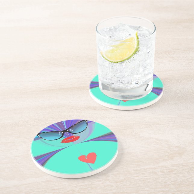 Heart Selfie Whimsical Portrait Teal Background Co Sandstone Coaster (Side)