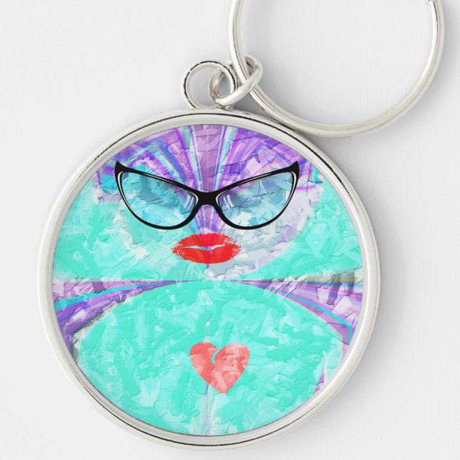 Heart Selfie Whimsical Portrait Teal Background Ke Keychain (Front)