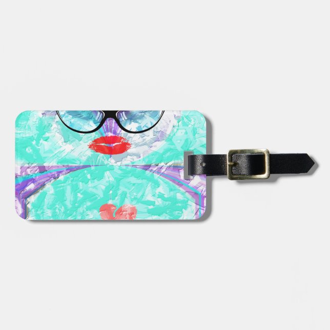 Heart Selfie Whimsical Portrait Teal Background Lu Luggage Tag (Front Horizontal)