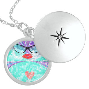 Heart Selfie Whimsical Portrait Teal Background Pe Sterling Silver Necklace