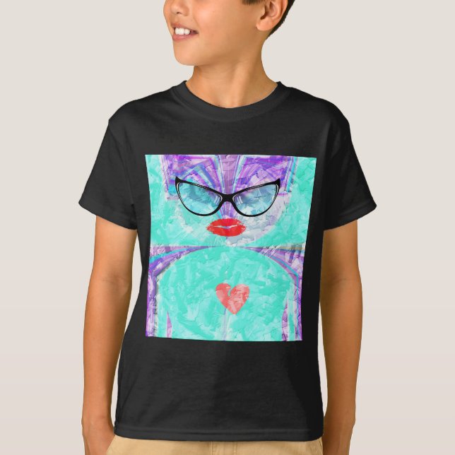 Heart Selfie Whimsical Portrait Teal Background T- T-Shirt (Front)
