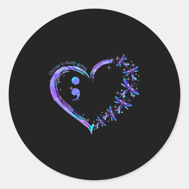 Heart Semicolon Dragonfly Suicide Prevention Month Classic Round Sticker (Front)