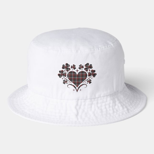 Heart Shamrock Plaid Black Classic Clover Bucket Hat (Front)