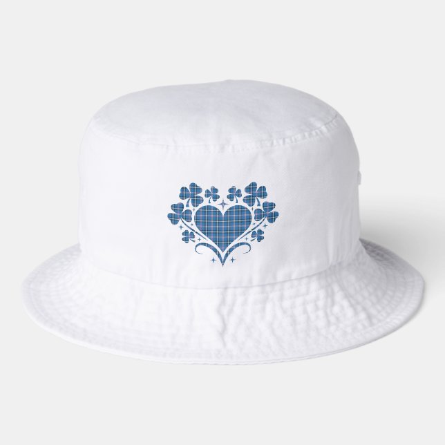 Heart Shamrock Plaid Blue Classic Clover Bucket Hat (Front)