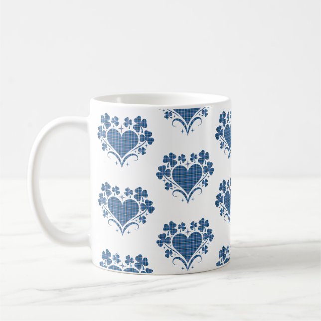 Heart Shamrock Plaid Blue Classic Clover Coffee Mug (Left)
