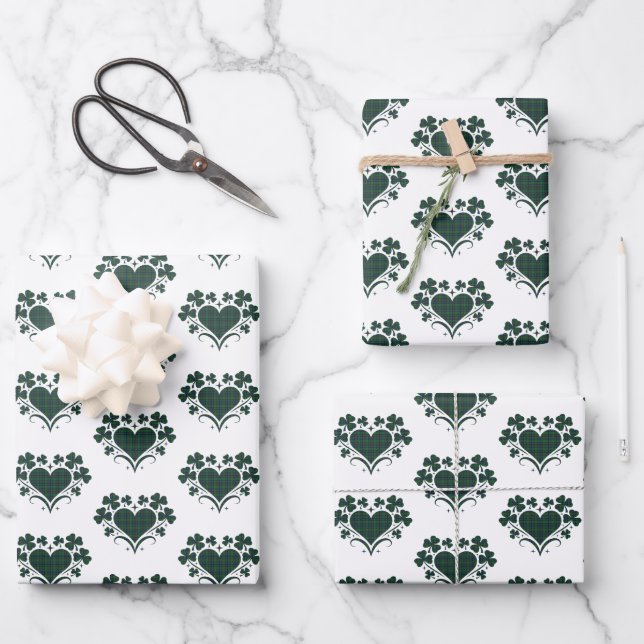Heart Shamrock Plaid Blue Green Tartan Clover Wrapping Paper Sheets (Front)