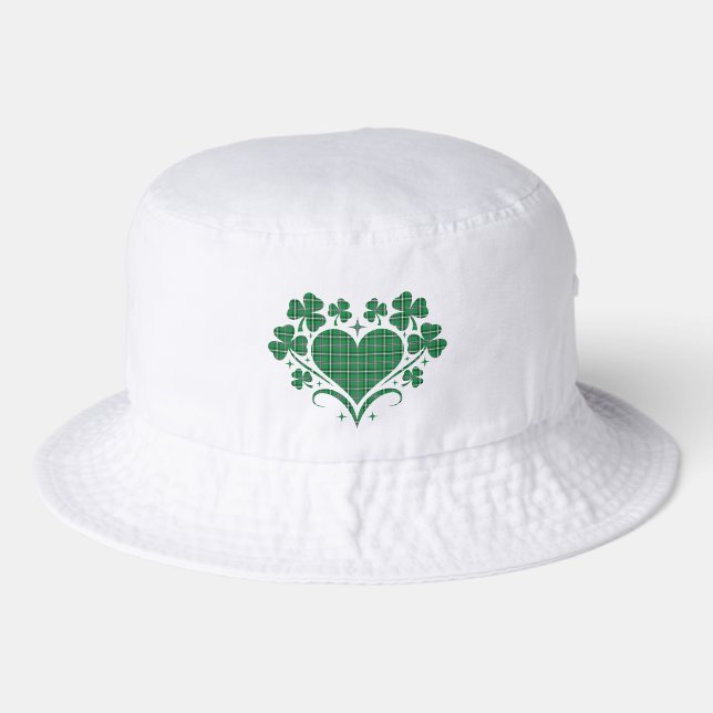 Heart Shamrock Plaid Classic Green Clover Bucket Hat (Front)