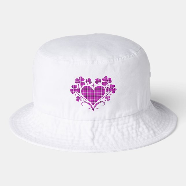 Heart Shamrock Plaid Pink Classic Clover Bucket Hat (Front)