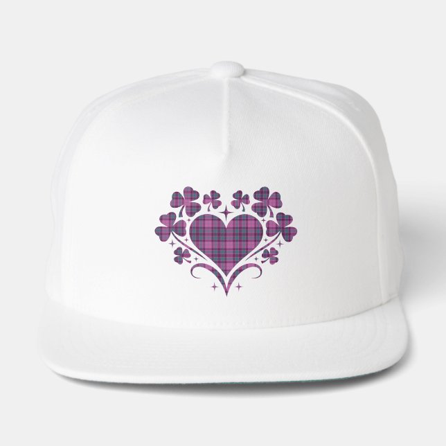Heart Shamrock Plaid Purple Teal Tartan Clover Snap Back Hat (Front)