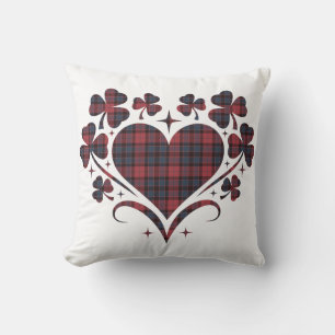 Heart Shamrock Plaid Red Blue Tartan Clover Throw Pillow