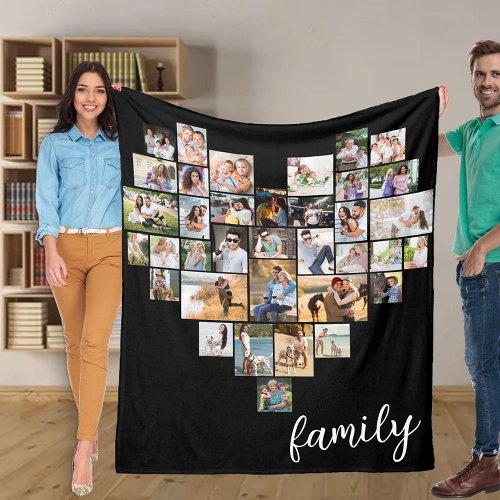 Heart Shape 36 Photo Collage Family Script Black Fleece Blanket