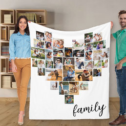Heart Shape 36 Photo Collage Family Script White Fleece Blanket