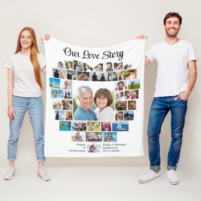 Heart Shape 40 Photo Collage Our Love Story Fleece Blanket (In Situ)