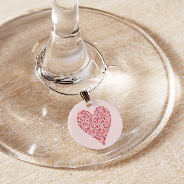 Heart Shape Crimson Polka Dots on Pink Wine Glass Charm (In Situ)