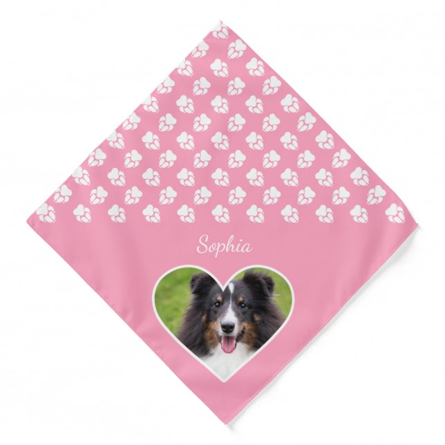 Heart Shape Custom Pet Photo On Pink & Name Bandana (Front)