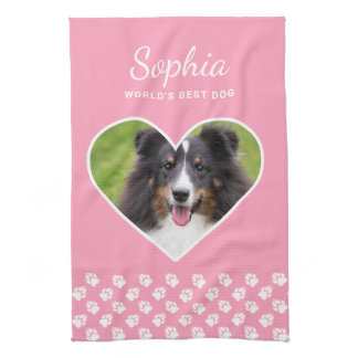 Heart Shape Custom Pet Photo On Pink &amp; Text Kitchen Towel