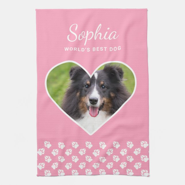 Heart Shape Custom Pet Photo On Pink & Text Kitchen Towel (Vertical)
