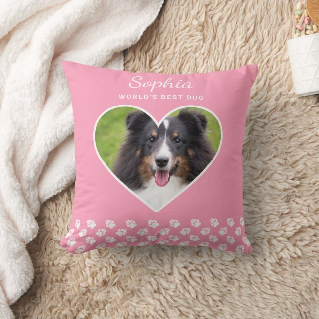 Heart Shape Custom Pet Photo On Pink & Text Throw Pillow (Blanket)