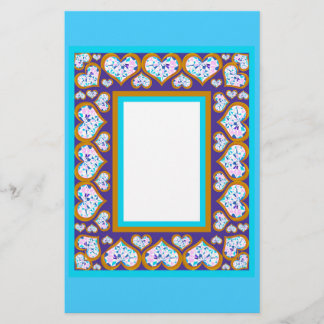 Heart shape diamonds gold aqua border stationery