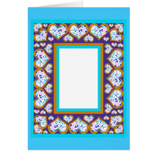 Heart shape diamonds gold aqua frame notecard (Front)