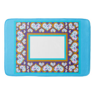 Heart shape diamonds in gold aqua border bath mat