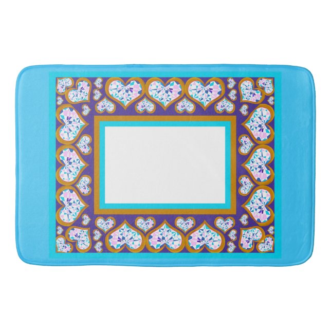 Heart shape diamonds in gold aqua border bath mat (Front)