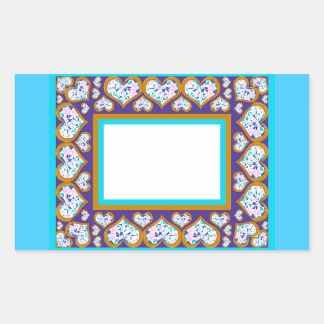 Heart shape diamonds in gold aqua border sticker (Front)