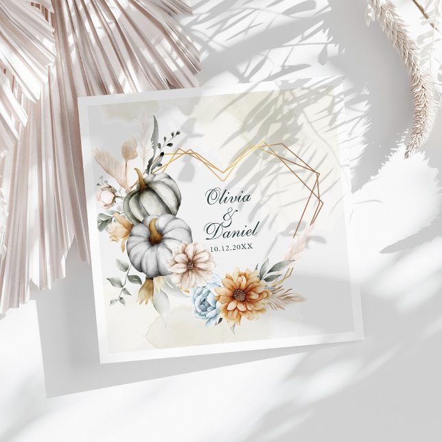 Heart Shape Frame Pumpkin Wildflowers Wedding  Paper Dinner Napkins (Heart Shape Frame Pumpkin Wildflowers Wedding Paper Dinner Napkins on a sunny white table.)