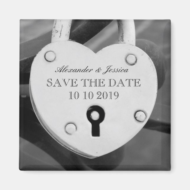 Heart shape love lock photo Save the date magnet (Front)