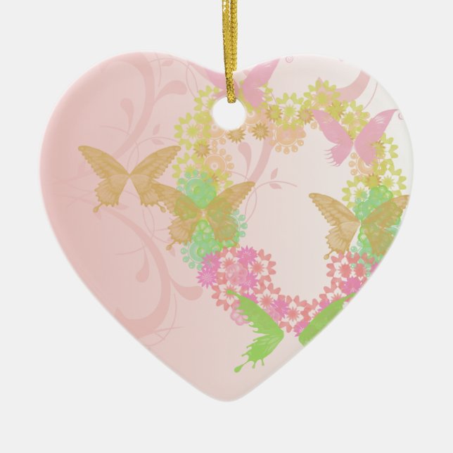 Heart Shape Ornament with Flowers & Butterflies (Front)