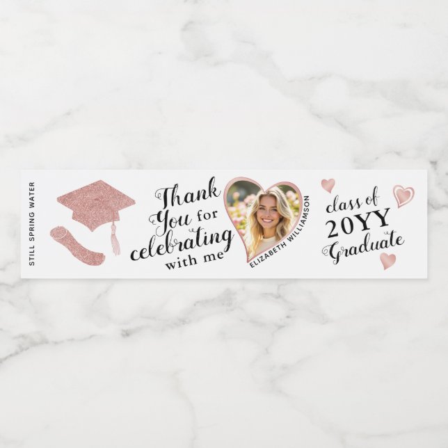 Heart Shape Photo Elegant Graduation Thank You Water Bottle Label (Single Label)