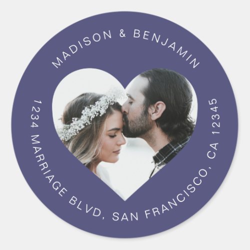 Heart Shape Photo Wedding Return Address Navy Blue Classic Round Sticker