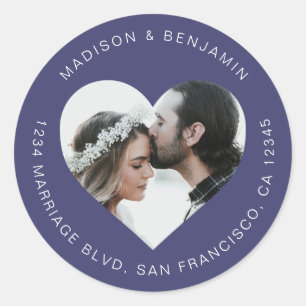 Heart Shape Photo Wedding Return Address Navy Blue Classic Round Sticker