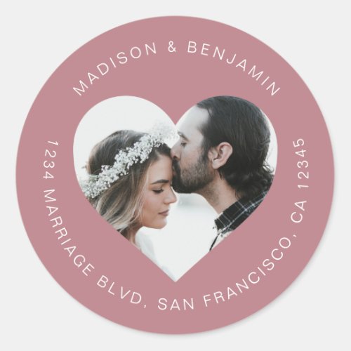 Heart Shape Photo Wedding Return Address Purple Classic Round Sticker