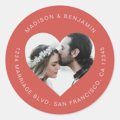 Heart Shape Photo Wedding Return Address Warm Red Classic Round Sticker
